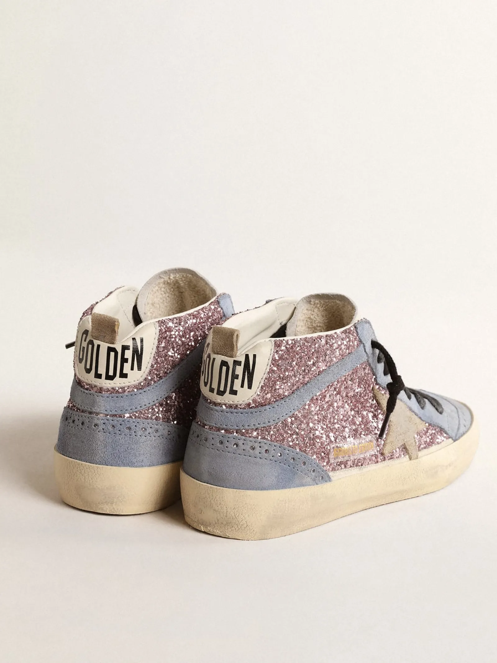 Fashion Golden Goose Mid Star LTD de glitter lilás com inserções de suede azul Cabedal de glitter lilás