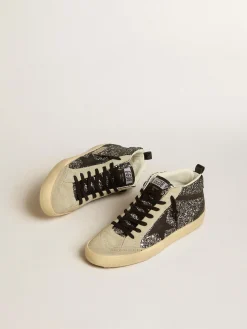 Store Golden Goose Mid Star LTD de glitter preto com estrela e lista de couro preto Cabedal de glitter preto
