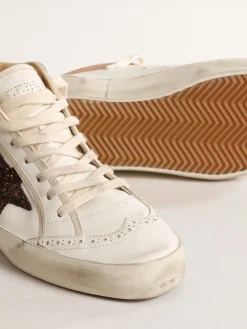 Hot Golden Goose Mid Star LTD de napa com estrela de glitter e lista de couro nude Cabedal de napa branca com bordas de algodão cru
