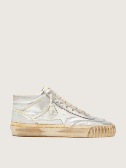 Clearance Golden Goose Mid Star Masculino de couro metálico prateado com estrela cor de marfim Cabedal de couro metálico prateado
