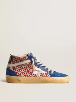 Store Golden Goose Mid Star Masculino de lona, estampa de coração e estrela prateada Cabedal de lona vermelha e branca com estampa xadrez e coração