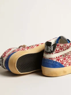 Store Golden Goose Mid Star Masculino de lona, estampa de coração e estrela prateada Cabedal de lona vermelha e branca com estampa xadrez e coração
