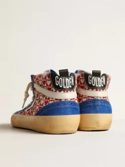 Store Golden Goose Mid Star Masculino de lona, estampa de coração e estrela prateada Cabedal de lona vermelha e branca com estampa xadrez e coração