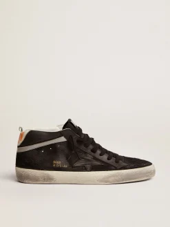 Best Sale Golden Goose Mid Star masculino de nubuk com estrela de couro preto e lista prateada Cabedal de nubuk preto