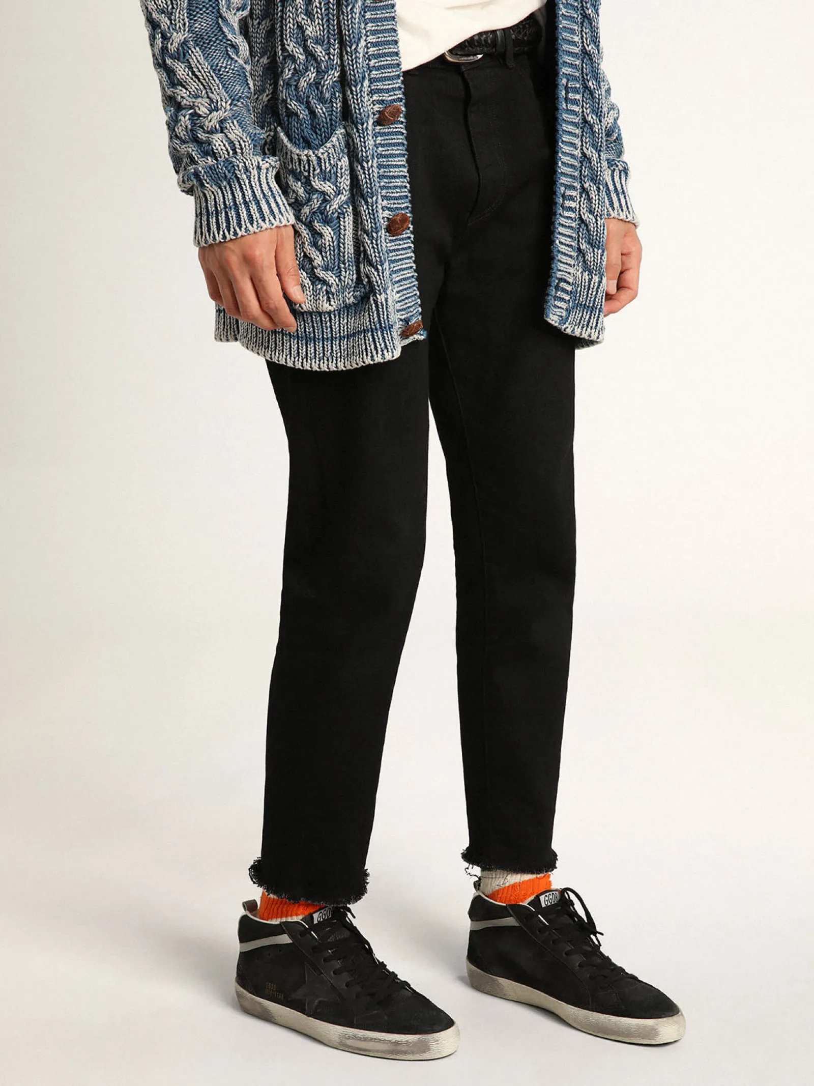Best Sale Golden Goose Mid Star masculino de nubuk com estrela de couro preto e lista prateada Cabedal de nubuk preto