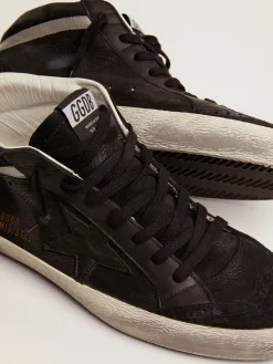 Best Sale Golden Goose Mid Star masculino de nubuk com estrela de couro preto e lista prateada Cabedal de nubuk preto