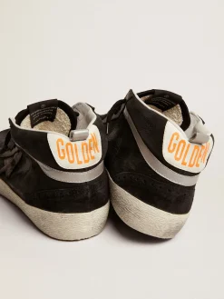 Best Sale Golden Goose Mid Star masculino de nubuk com estrela de couro preto e lista prateada Cabedal de nubuk preto