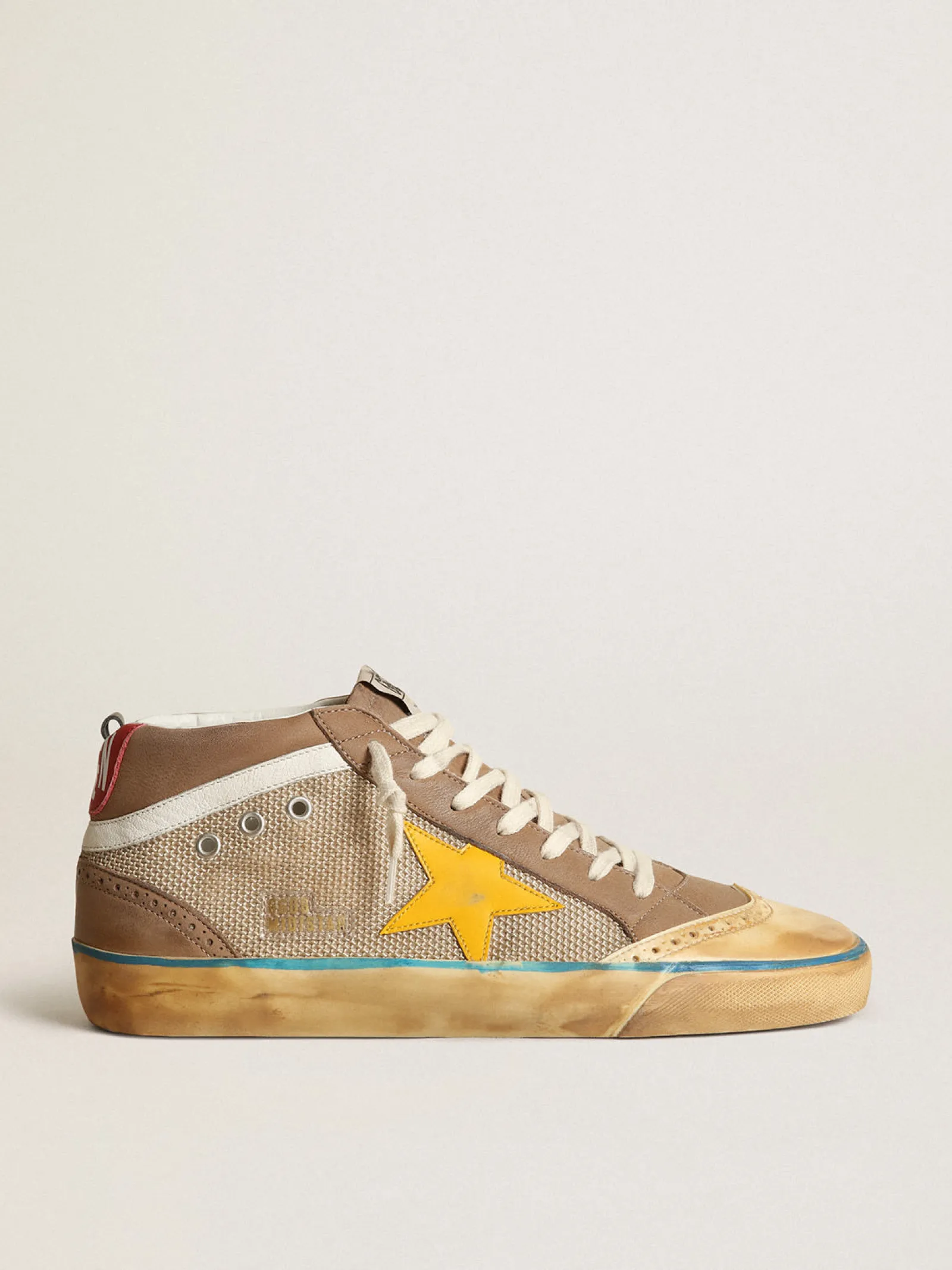 Best Golden Goose Mid Star masculino de tela bege, nubuk havana-rosado e estrela amarela Cabedal de tela bege com inserções de nubuk havana-rosado