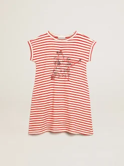 Hot Golden Goose Minivestido com listras brancas e vermelhas e bordado na frente Golden Collection