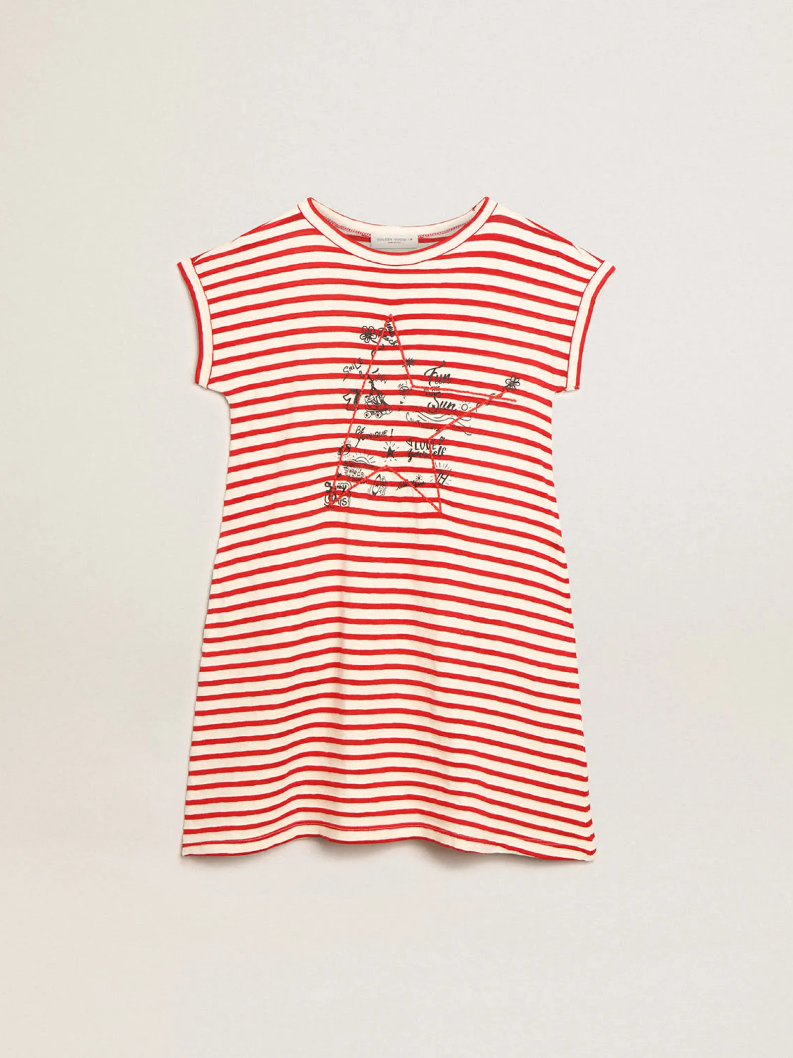 Hot Golden Goose Minivestido com listras brancas e vermelhas e bordado na frente Golden Collection