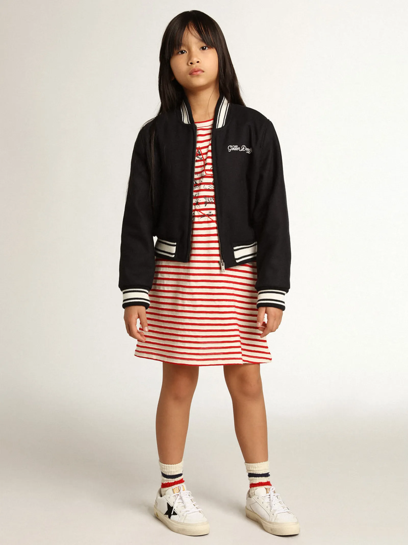 Hot Golden Goose Minivestido com listras brancas e vermelhas e bordado na frente Golden Collection