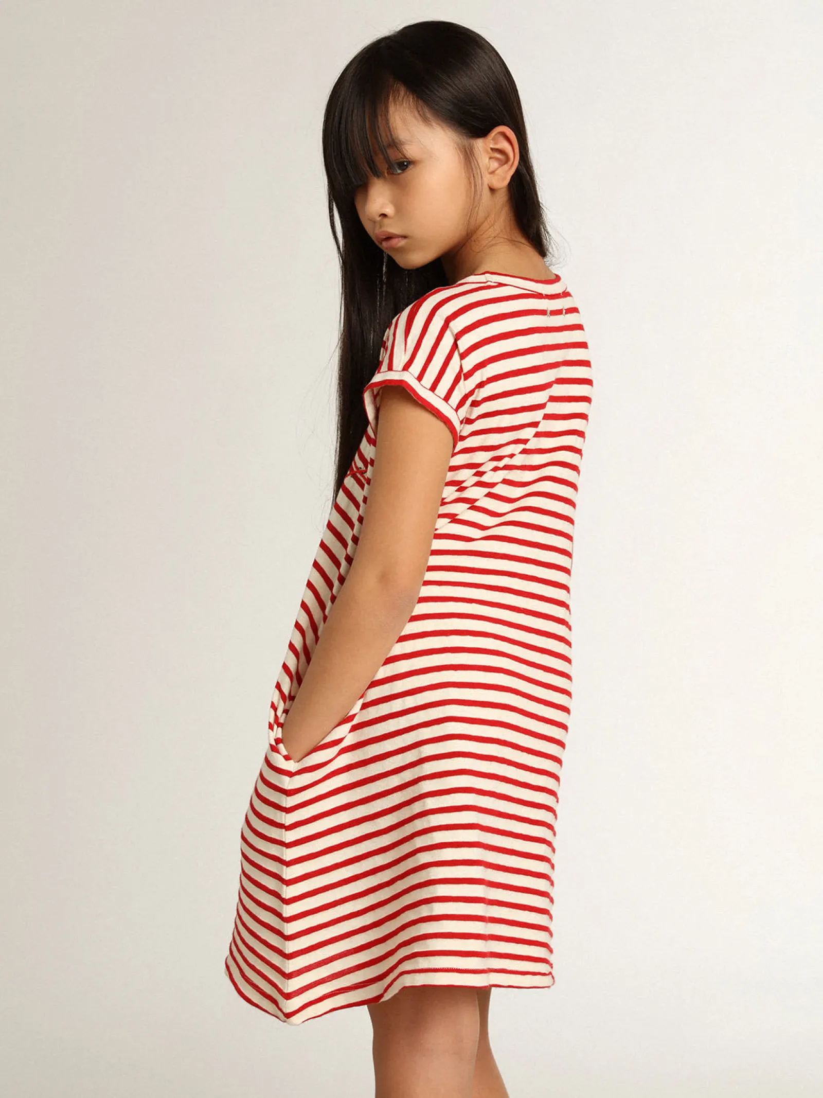 Hot Golden Goose Minivestido com listras brancas e vermelhas e bordado na frente Golden Collection