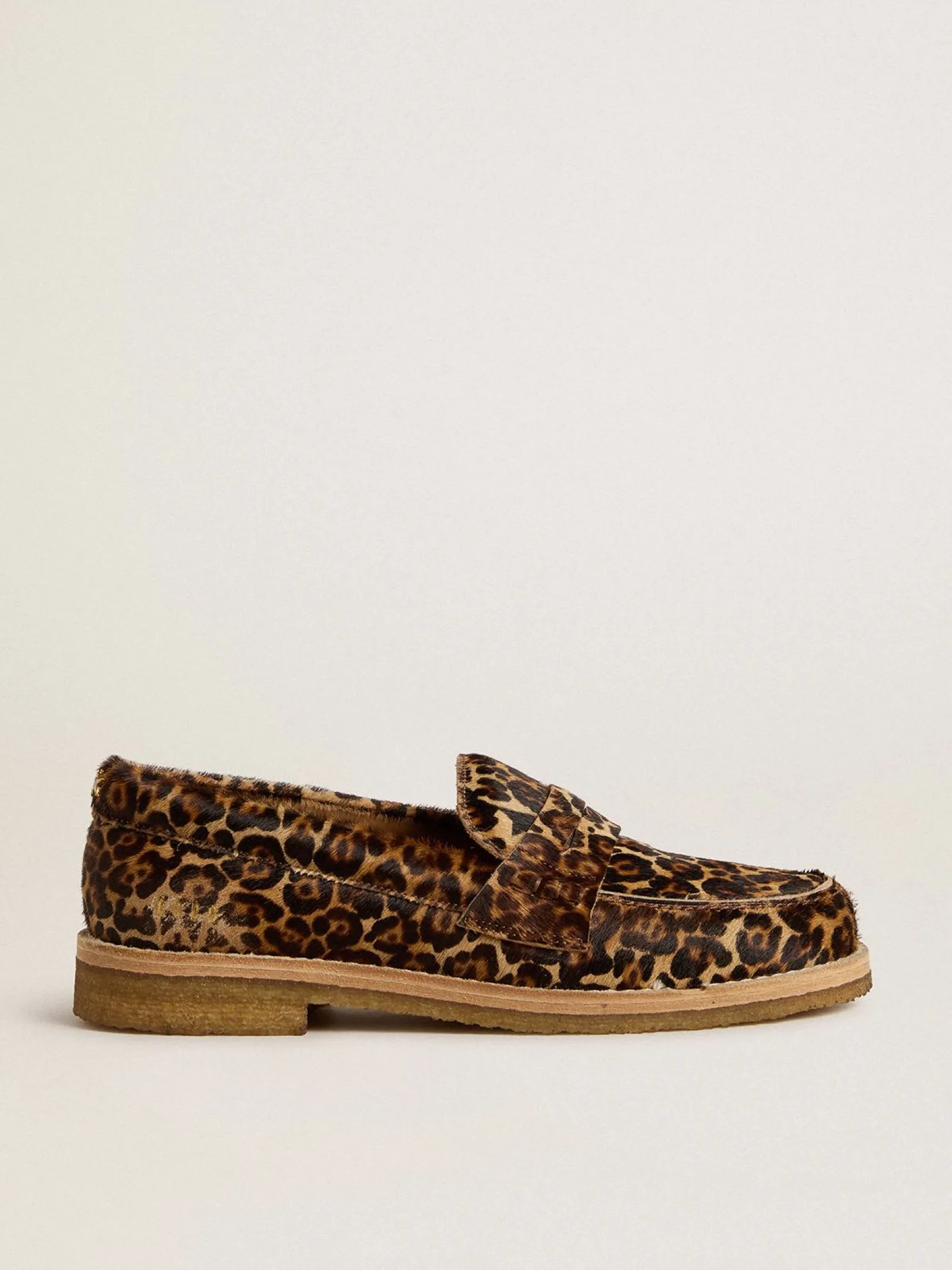 Flash Sale Golden Goose Mocassim Feminino de couro cavalinho com estampa de leopardo Cabedal em cavalino bege e marrom com estampa de leopardo