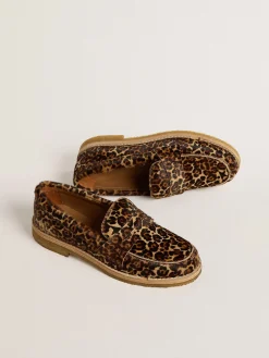 Flash Sale Golden Goose Mocassim Feminino de couro cavalinho com estampa de leopardo Cabedal em cavalino bege e marrom com estampa de leopardo