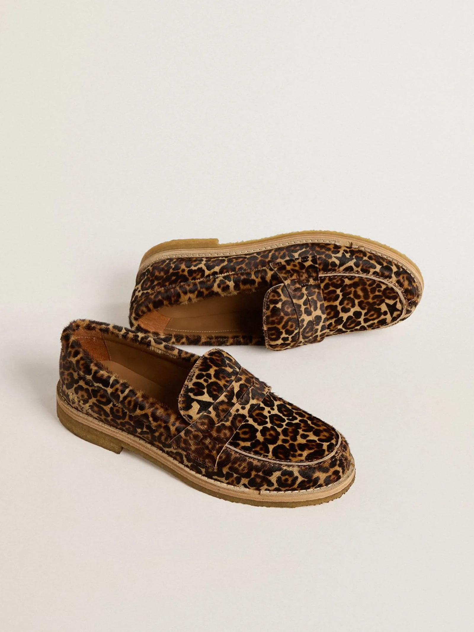 Flash Sale Golden Goose Mocassim Feminino de couro cavalinho com estampa de leopardo Cabedal em cavalino bege e marrom com estampa de leopardo