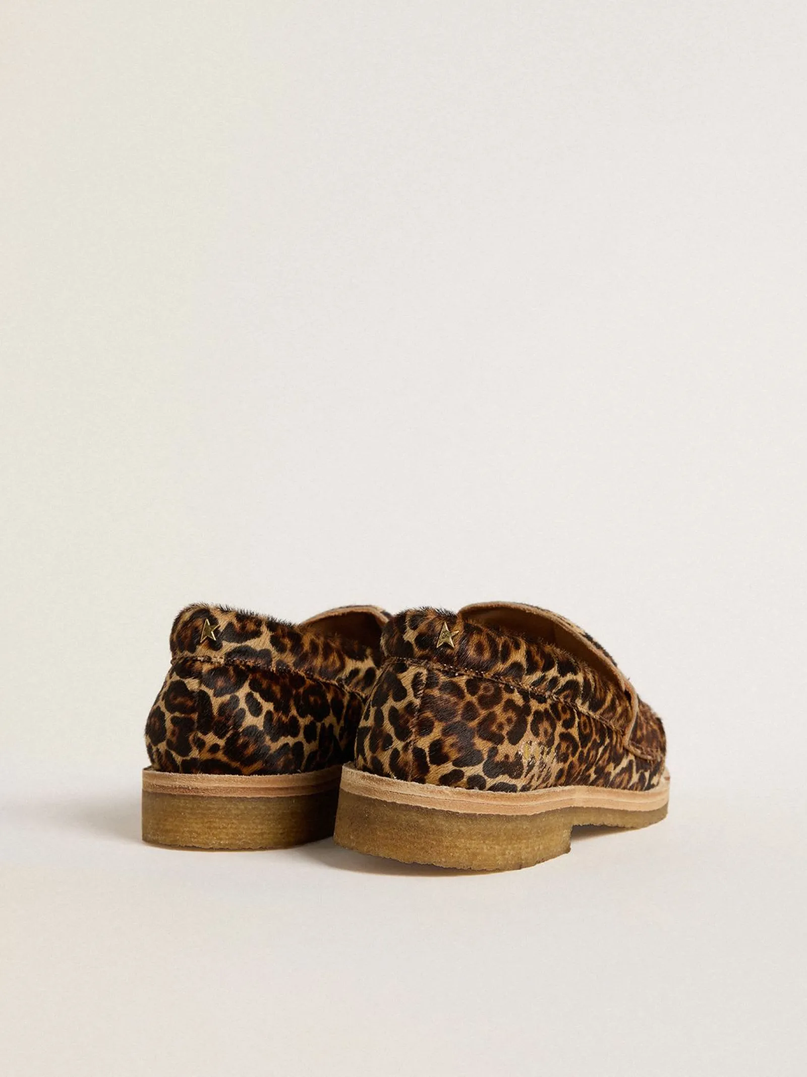 Flash Sale Golden Goose Mocassim Feminino de couro cavalinho com estampa de leopardo Cabedal em cavalino bege e marrom com estampa de leopardo