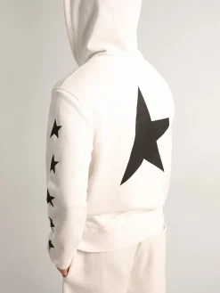 Store Golden Goose Moletom com capuz Alighiero Coleção Star branco vintage com estrelas pretas em contraste Cor: branco vintage