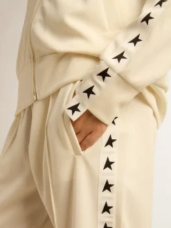 Shop Golden Goose Moletom com zíper feminino branco com faixa branca e estrelas pretas Star Collection