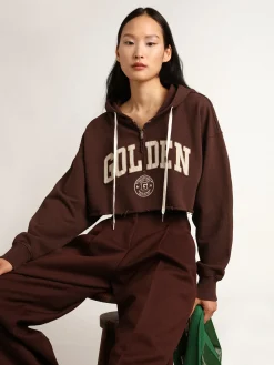 Best Golden Goose Moletom cropped com capuz Coleção Journey na cor marrom castanha com inscrição Golden branca em contraste Cor: marrom castanha
