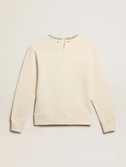 Online Golden Goose Moletom de gola redonda de algodão branco usado com cristais aplicados à mão Coleção Journey