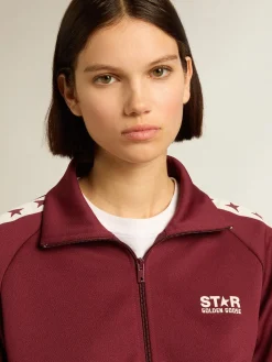 Cheap Golden Goose Moletom feminino bordô com zíper, faixa branca e estrelas em contraste Star Collection