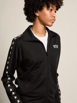 Shop Golden Goose Moletom feminino preto com zíper e estrelas brancas Star Collection