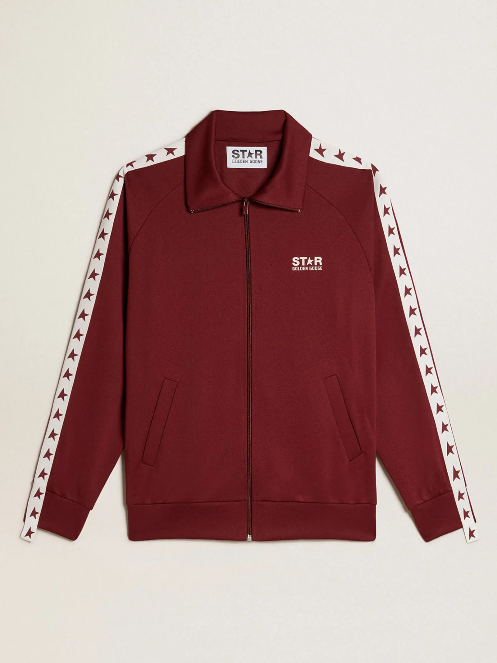 Shop Golden Goose Moletom masculino bordô com zíper, faixa branca e estrelas em contraste Star Collection