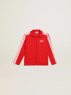 Best Golden Goose Moletom vermelho com zíper, listras brancas e estrelas vermelhas Star Collection