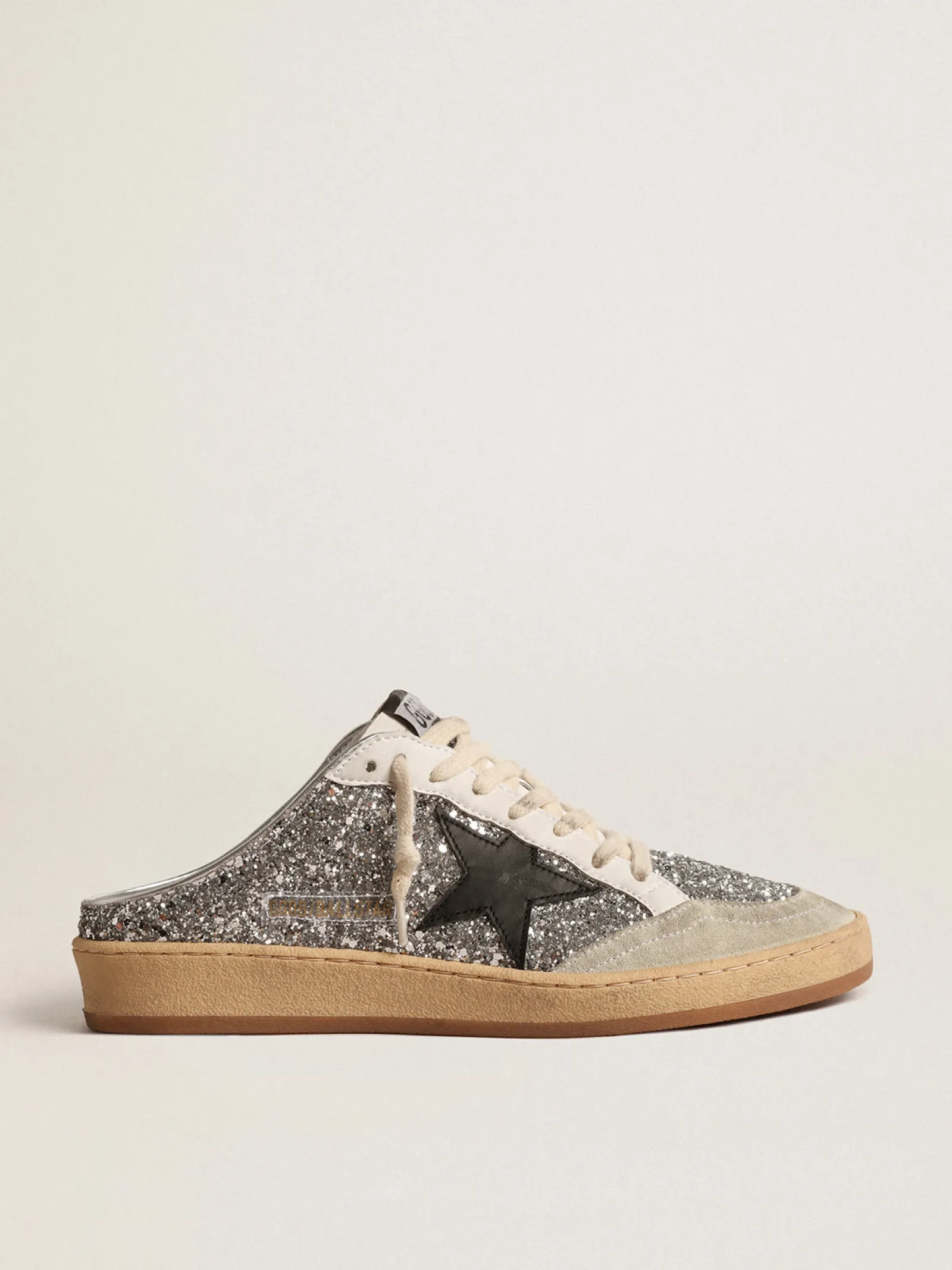 Clearance Golden Goose Mule Ball Star de glitter prateado com estrela de couro preto Cabedal de glitter prateado