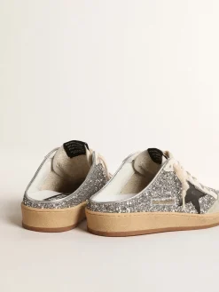 Clearance Golden Goose Mule Ball Star de glitter prateado com estrela de couro preto Cabedal de glitter prateado