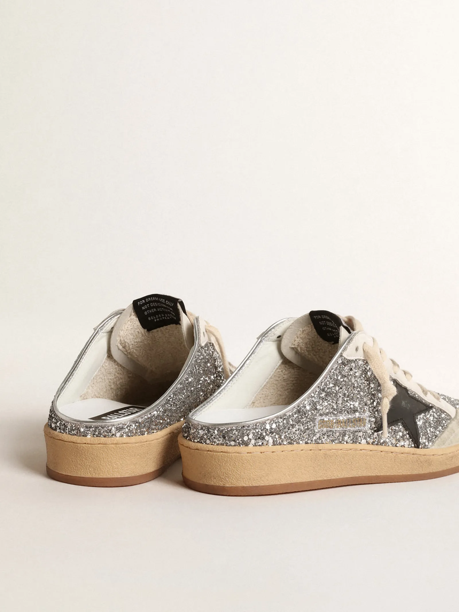Clearance Golden Goose Mule Ball Star de glitter prateado com estrela de couro preto Cabedal de glitter prateado