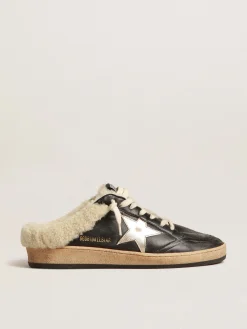 Best Golden Goose Mule Ball Star de napa com estrela platinada e forro de shearling Cabedal de napa preta
