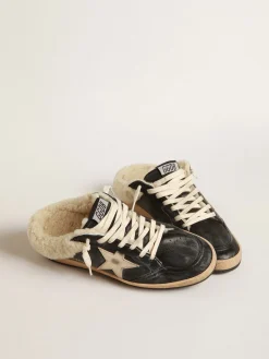 Best Golden Goose Mule Ball Star de napa com estrela platinada e forro de shearling Cabedal de napa preta
