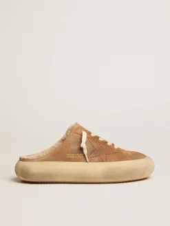 Flash Sale Golden Goose Mule Space-Star de suede na cor tabaco e forro de shearling Cabedal de suede na cor tabaco