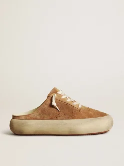 Best Sale Golden Goose Mule Space-Star feminino de suede cor tabaco com estrela perfurada Cabedal de suede na cor tabaco