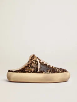 Best Sale Golden Goose Mule Space-Star feminino de cavalinho animal print e forro de shearling Cabedal de couro cavalinho com estampa animal print