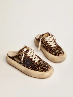 Best Sale Golden Goose Mule Space-Star feminino de cavalinho animal print e forro de shearling Cabedal de couro cavalinho com estampa animal print