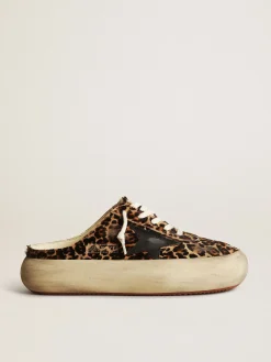 Cheap Golden Goose Mule Space-Star feminino de cavalinho leopardo e estrela preta Cabedal de couro cavalinho com estampa de leopardo bege e marrom