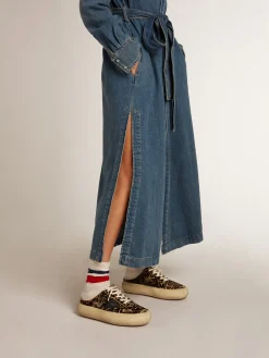 Cheap Golden Goose Mule Space-Star feminino de cavalinho leopardo e estrela preta Cabedal de couro cavalinho com estampa de leopardo bege e marrom