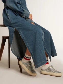 Fashion Golden Goose Mule Space-Star feminino em glitter com estrela e talão cinza gelo Cabedal de glitter prateado