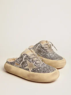 Cheap Golden Goose Mule Space-Star feminino em glitter prateado e forro de shearling Cabedal de glitter prateado