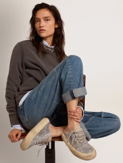 Cheap Golden Goose Mule Space-Star feminino em glitter prateado e forro de shearling Cabedal de glitter prateado