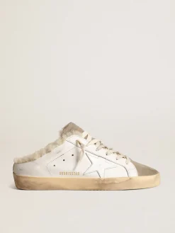 Sale Golden Goose Mule Super-Star com estrela de couro branco e forro de shearling Cor: branco