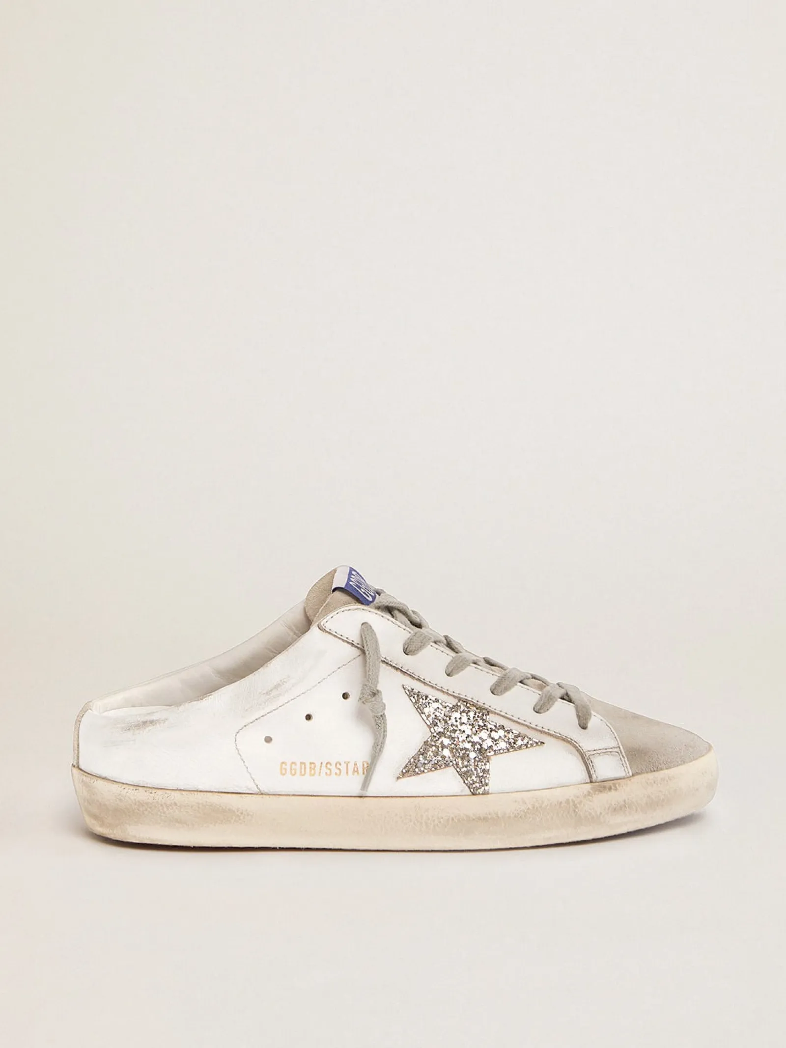 Fashion Golden Goose Mule Super-Star de couro branco e suede cinza com estrela de glitter prateado Cor: branco