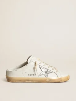 Cheap Golden Goose Mule Super-Star de couro branco com estrela de couro metálico prateado Cor: branco