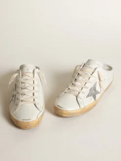 Cheap Golden Goose Mule Super-Star de couro branco com estrela de couro metálico prateado Cor: branco