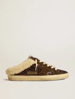 Online Golden Goose Mule Super-Star de glitter com estrela marrom e forro de shearling Cabedal de glitter marrom