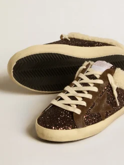 Online Golden Goose Mule Super-Star de glitter com estrela marrom e forro de shearling Cabedal de glitter marrom
