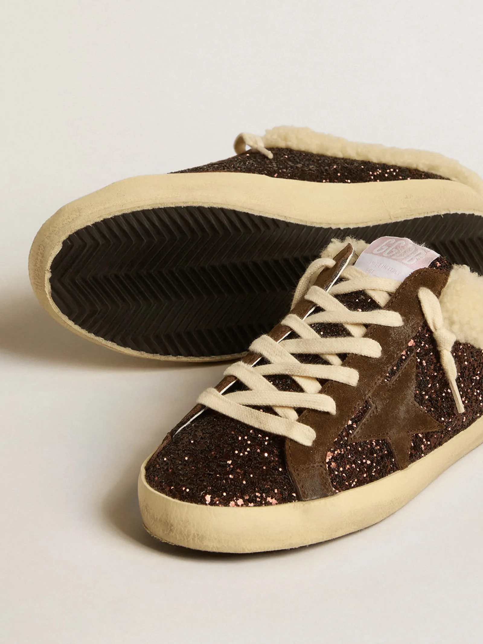 Online Golden Goose Mule Super-Star de glitter com estrela marrom e forro de shearling Cabedal de glitter marrom