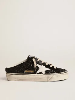 Cheap Golden Goose Mule Super-Star de glitter preto com estrela de base vegetal branca Cabedal de glitter preto